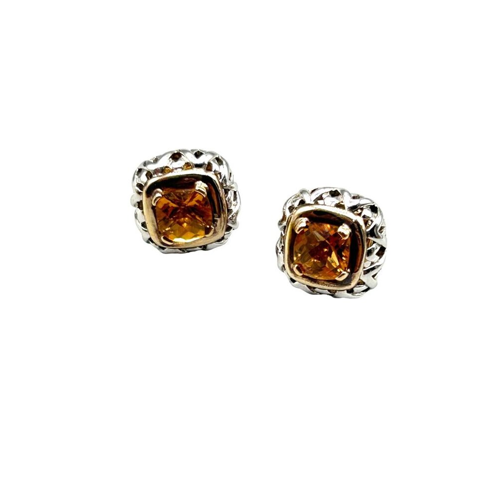 Two Tones Sterling Silver Citrine Studs Earrings Pierced Square Design Posts